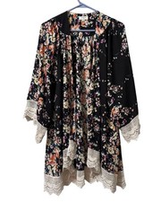 Umgee Cardigan Duster Top Sz S/M Floral Open Front Crocheted Cottagecore Hippie