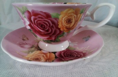STECHCOL Gracie Bone China Roses & Butterfly Set Footed Tea Cup & Saucer 