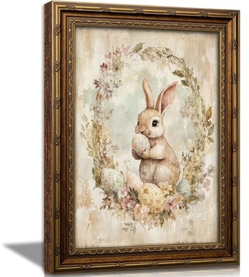KKP Vintage Gold Framed Easter Bunny Wall Art, 24x16 Inch Spring Rabbit & Egg...