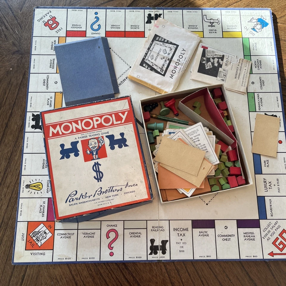 1935-1946 MONOPOLIO Nº 9 Parker Brothers Juego de Mesa Vintage Madera Piezas Caja Dañada Foto 2 de 2