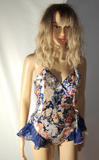 NWOT Vintage VICTORIA S SECRET Satin Teddy Bodysuit Floral Navy Gold Label Large