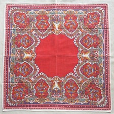Vintage Handkerchief Red Cotton Border Folklore Damask Pattern Pocket Square 20"