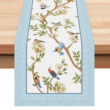 Spring Summer Blue Birds Floral Table Runner 13x72 Inch Flowers Leaves Branch...