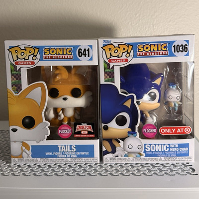 Funko Pop! Games Flocked Sonic w/ Hero Chao #1036 & Tails #641 Vinyl Figures
