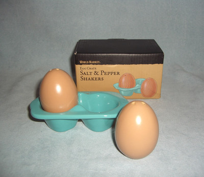 World Market EGG SALT & PEPPER SHAKERS Blue Crate Brown Shell Farm ~ NEW w/ Box