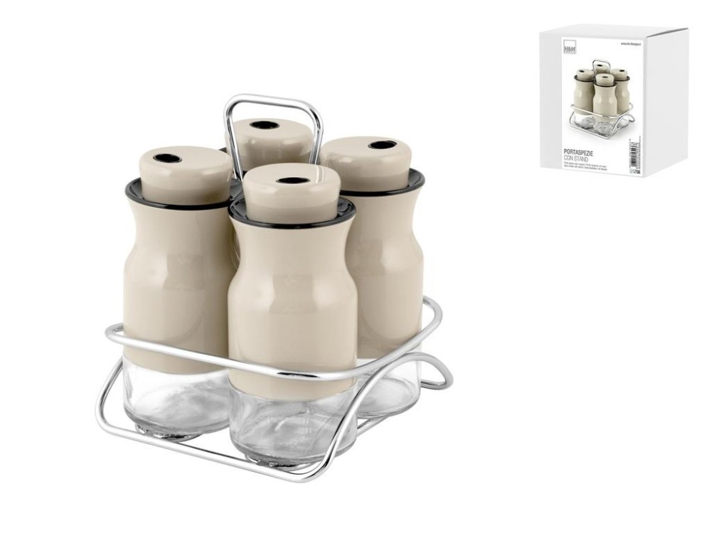 H&h Spice Rack with 4 Glass Jars and Steel Stand