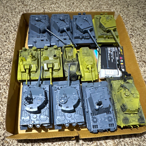 Bolt action German tank lot. 12 tanks assembled, some primed. Cards included