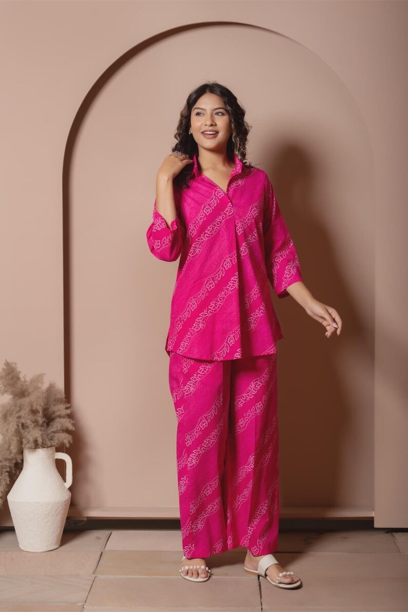 Pink Boho Bandhej Cotton Co-ord Set, Indian Print Top & Pant| Indian Boho Dress