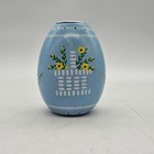 Hand Painted Wooden Egg Bud Vase Blue Floral Basket Design Metal Insert Decor