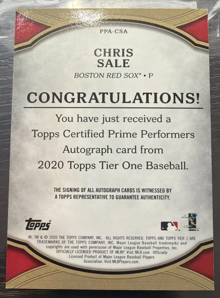 2020 Topps Tier One Chris Sale On Card Bronze Auto /25 - Image 2 of 2