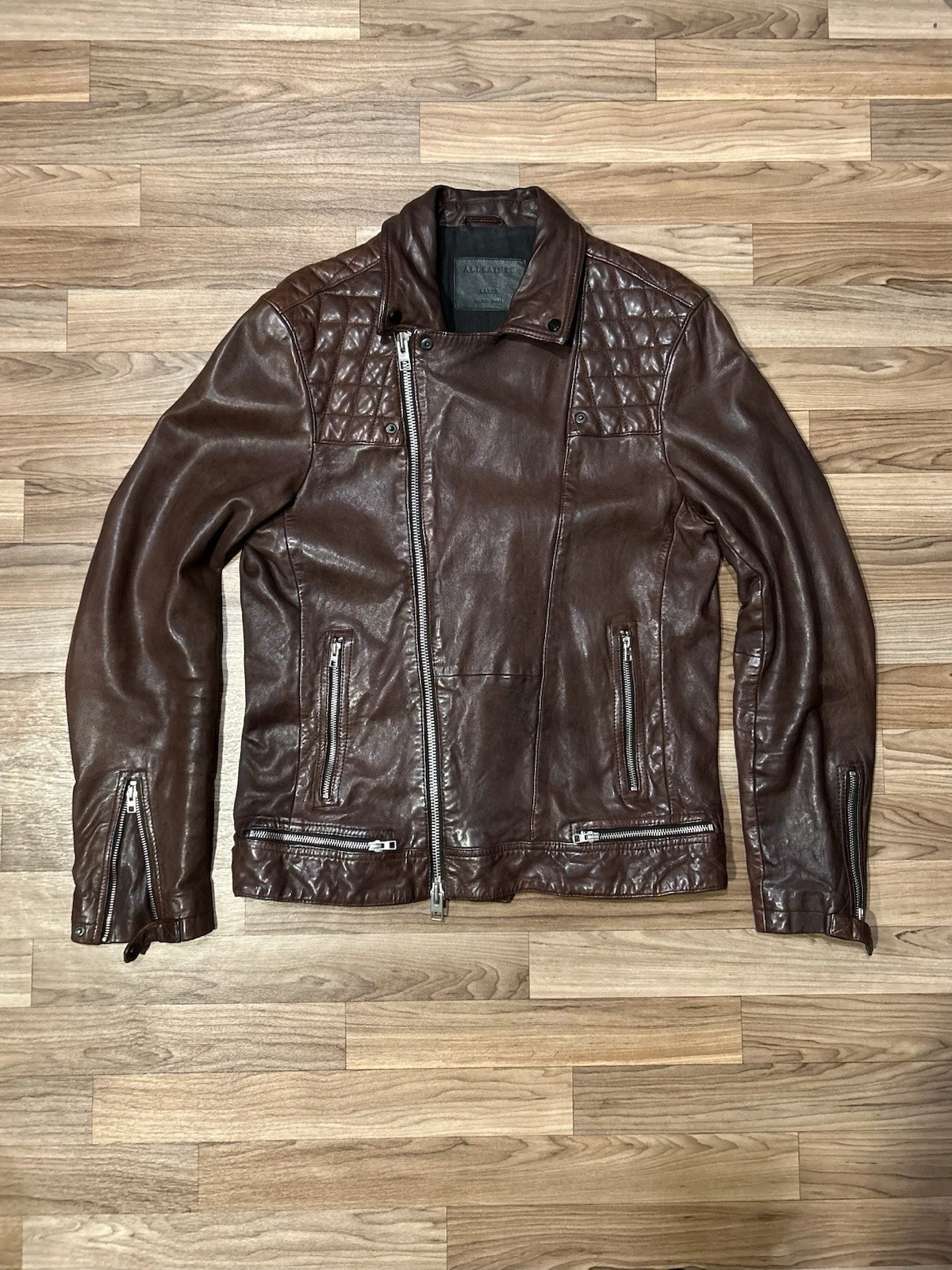 AllSaints Discontinued Leather Conroy Biker Jacket Oxblood Burgundy Men's Large - product detail image 2
