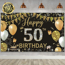 Happy Birthday Banner, 50Th Birthday Decorations Backdrop, Extra Large Black Gol