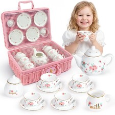 Porcelain Tea Set for Toddlers, Tea Party Set for Little Girls, Pink Floral T...