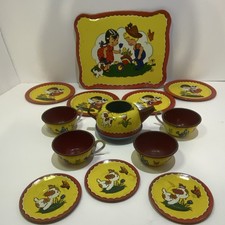 Vintage Ohio Art Girl Boy Garden No 173 Tin LItho Tea Set Tray Plate Cup Teapot
