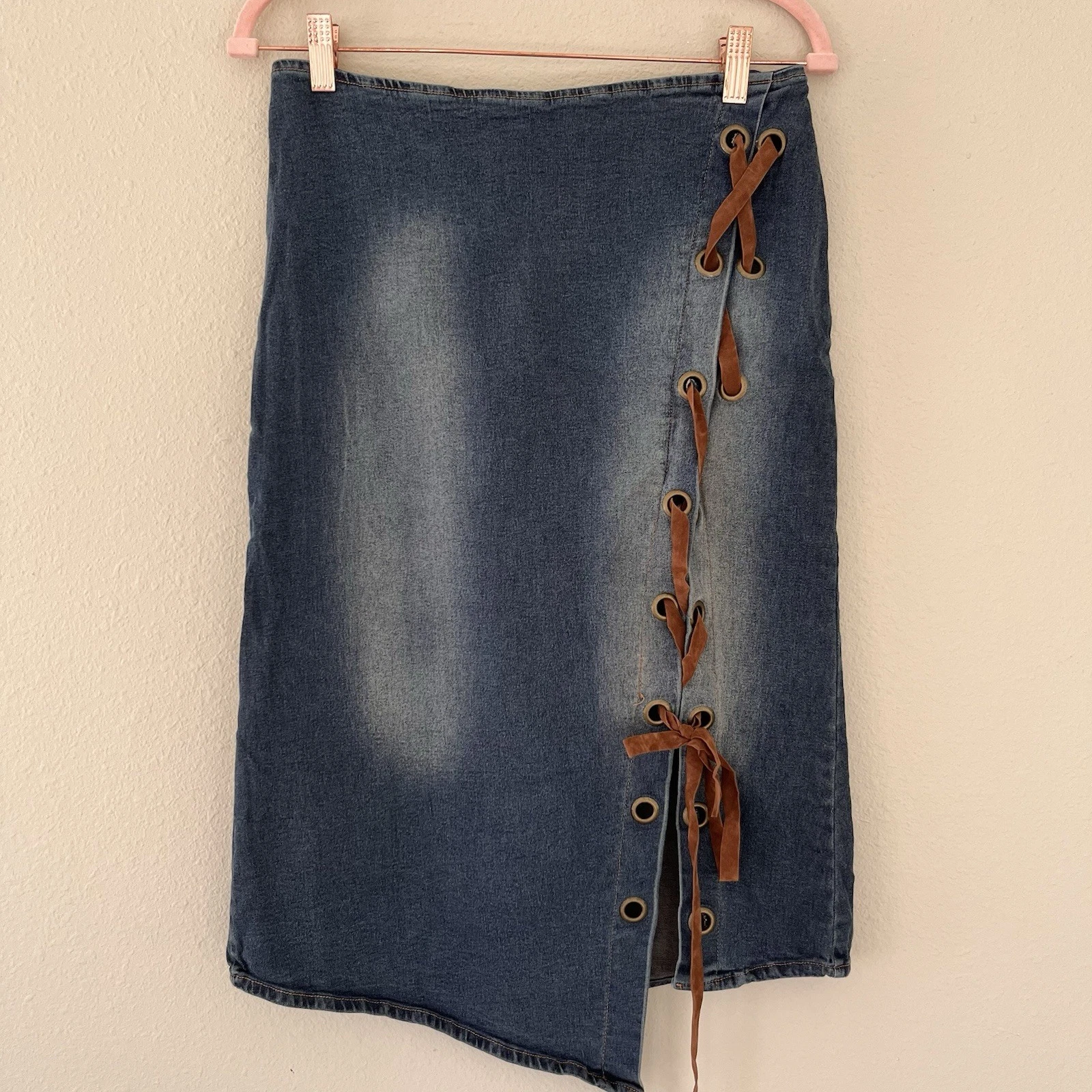 Vintage Y2K Denim Midi Skirt M/L Asymmetric Lace Up McBling Western Cowgirl