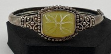 A925 Sterling Silver Yellow Stone Carved Flower Hinged Bangle Cuff Bracelet 7.5