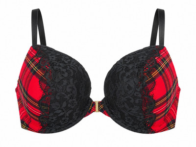Cacique Boost Plunge Bra 42D Red Plaid Black Lace Front Close Racerback T-Back