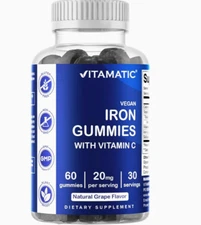 Vegan Iron Gummies with Vitamin C, Natural Grape, 60 Gummies