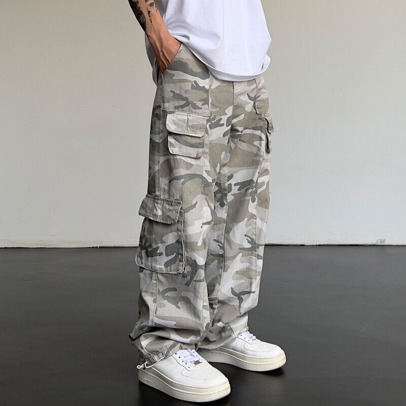 Mens Camouflage Cargo Pants Baggy Trousers Loose Outdoor Streetwear Casual