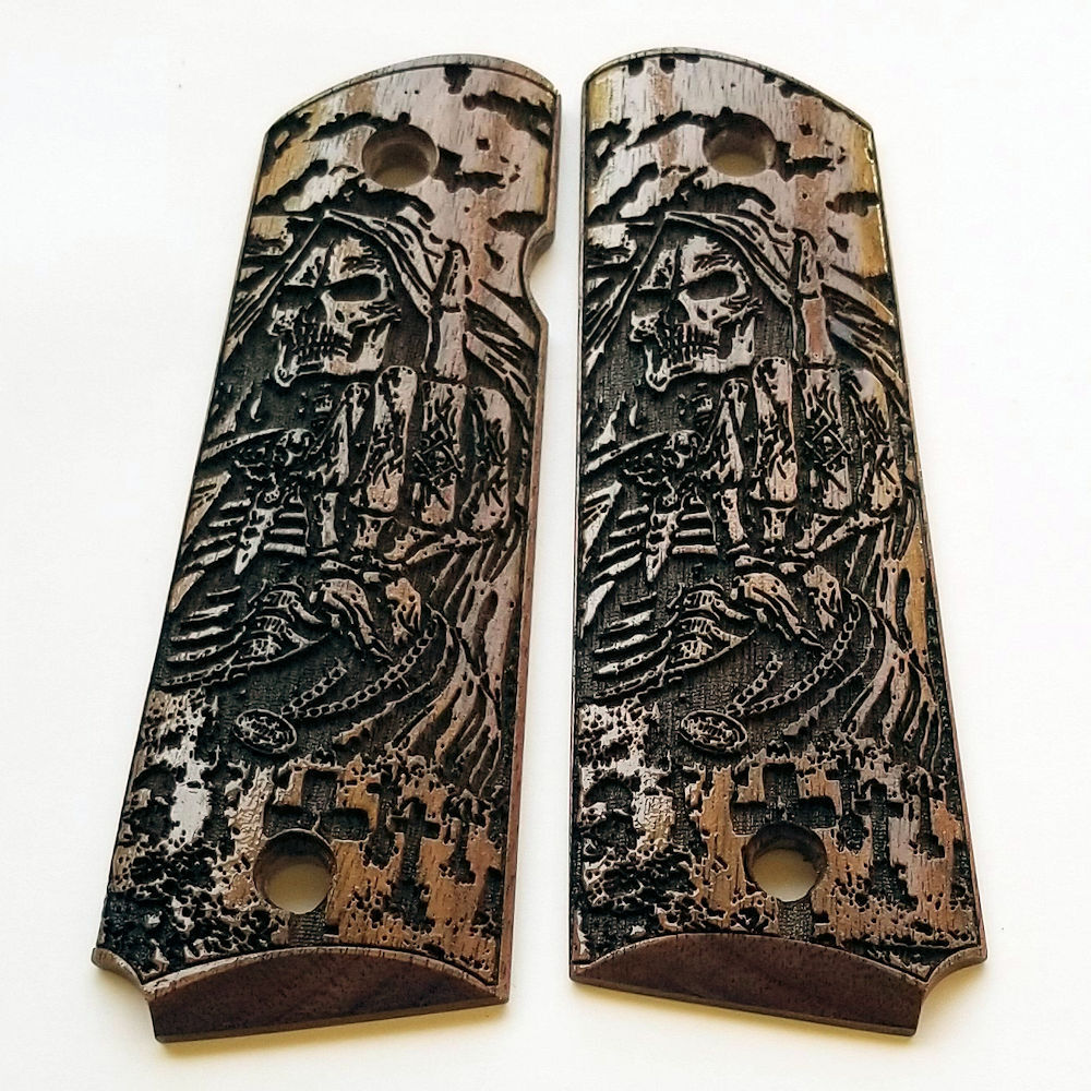 1911 full size custom engraved walnut wood grips Skull Grim Reaper