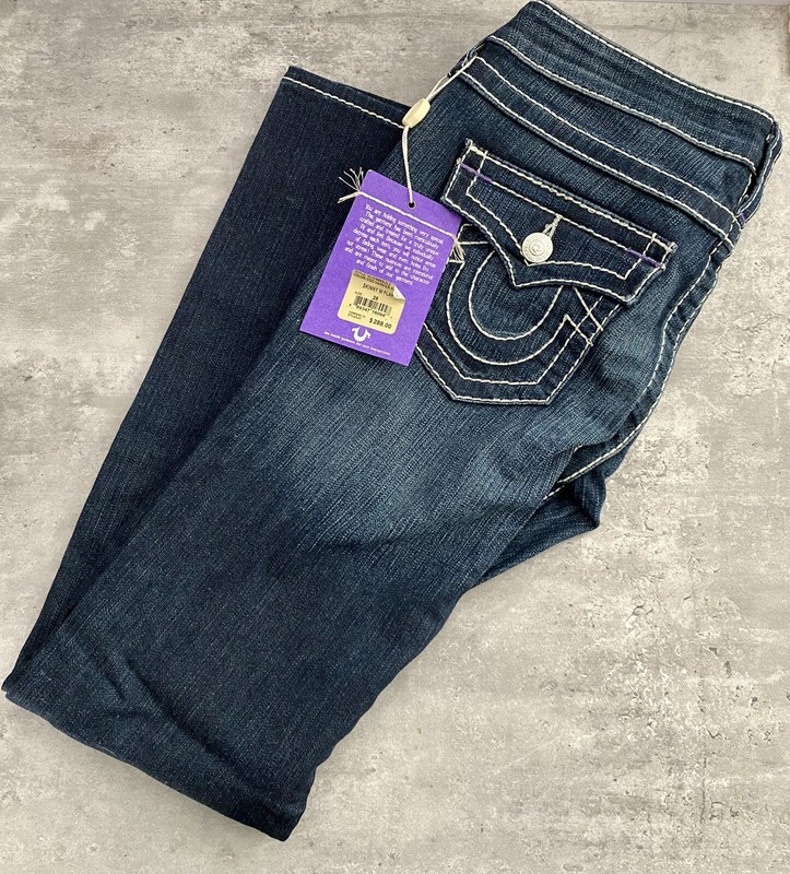 NWT True Religion Women's Skinny w/ Flap Dark Denim Jeans Sz. 28 Big T Stitch