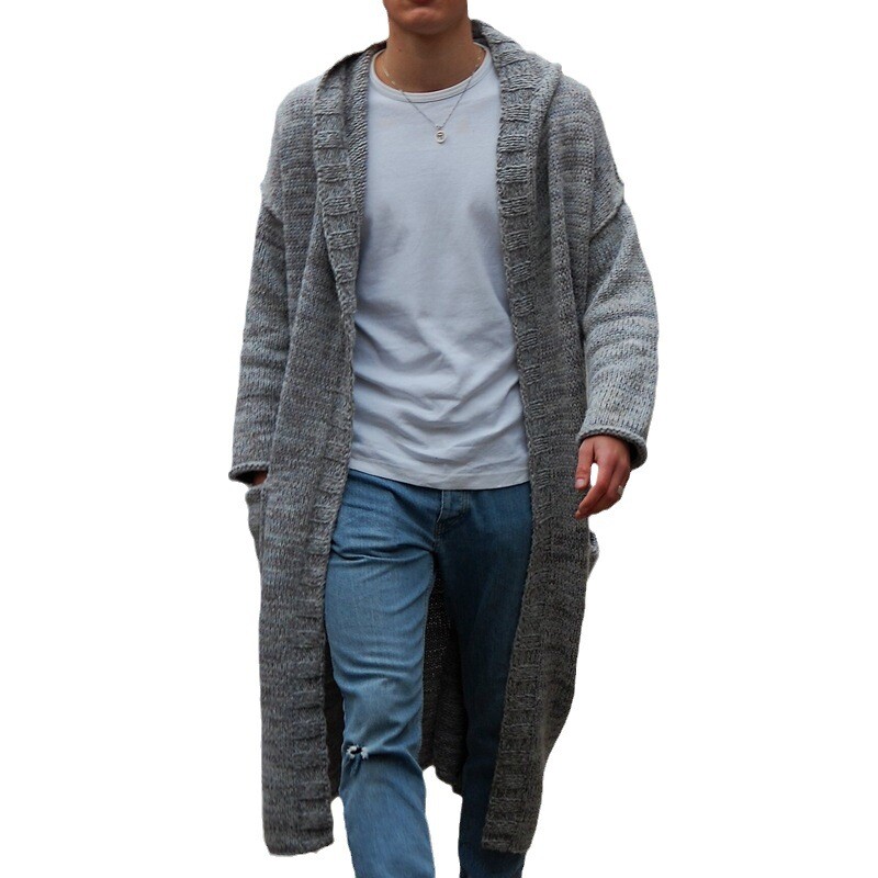 Men's Hooded Long Cardigan Sweater Lightweight Knit Open Front Cardigan Outwear