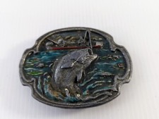 BASS FISHING Belt Buckle Pewter SISKIYOU 1984 Boat on Lake Fits 1  Belt Vintage