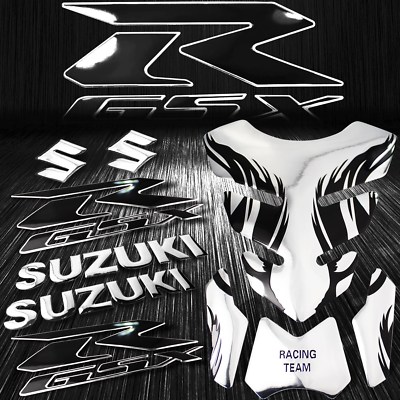 Chrome Silver Tribal Fire Gas/Fuel Tank Pad+3D 6''Logo+GSXR 2-Tone Emblem Sticker