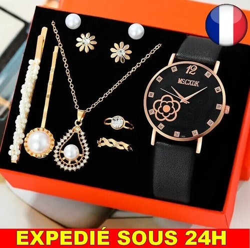 Lot De Bijoux Femme : Montre Bracelet, Collier, Bague, Boucles D'oreilles - Coeur Strass - Quartz
