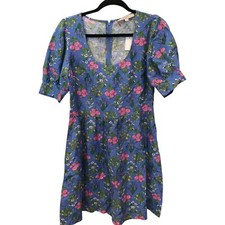 Loft Mini Dress Womens Sz 4 Blue Floral Print Scoop Neck Puff Short Sleeves NWT