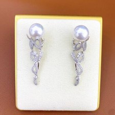 classic  9-10mm south sea round white pearl dangle earring 925s(mj)