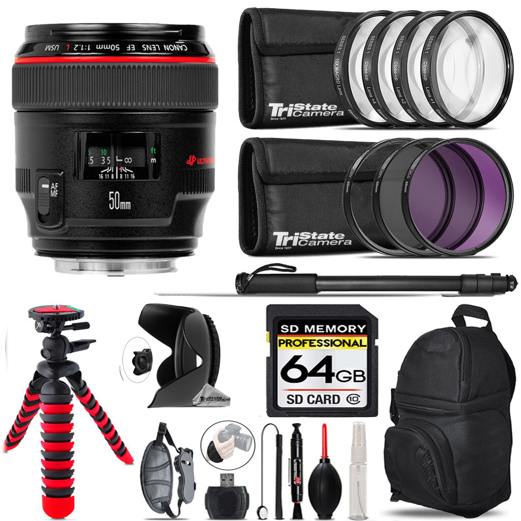Canon EF 50mm USM Lens 18-Piece Filter Deluxe Kit 64GB