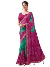 Indian Chiffon Saree With Unstitched Blouse Piece Party Wedding Wear For Women