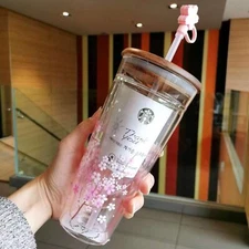 Starbucks Tumbler Pink Sakura Double Glass Straw Cup 591 ml+ Cherry Blossom Plug