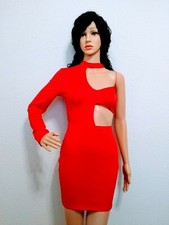 Orange/Red One Long Sleeve Women's Cold Shoulder Cut Out Slip On Dress sz M New