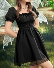 SHEIN MOD Ruched Bust Shirred Back Puff Sleeve Lace Up Front Dress gothic