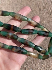 Genuine Agate-Green & Chocolate Stripe Faceted Long Barrels, 10x30mm, 16" String