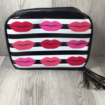 Macy's Lips Kisses Make Up Bag/Case Black w/White Stripes & Multiple Kisses