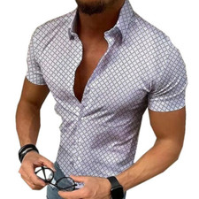 Button Down Shirts Men Fashion Blue Short Sleeve Casual Fitness Lattice T Dress