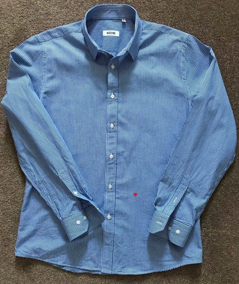 GORGEOUS MOSCHINO BLUE BENGAL STRIPE HEART SHIRT 16 COLLAR EU 41  - Image 2 of 4