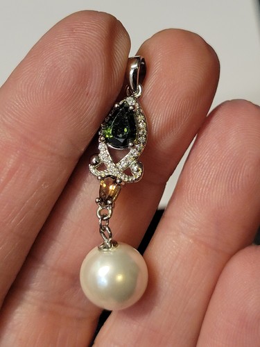Natural Chrome Diopside & Pearl Dangle 925 Silver Pendant 0791 - Picture 5 of 6