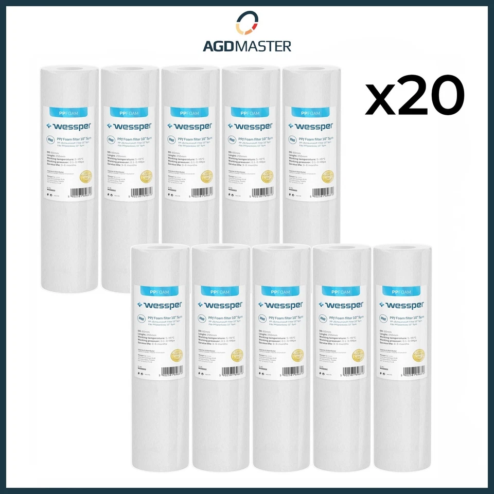 WESSPER 20x Cartuccia filtro acqua per sedimenti per osmosi inversa, 5 micron 10 pollici