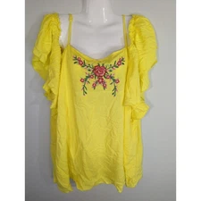 Miss Lili Yellow Embroidered Cold Shoulder Top Women's 2X  Flowy Beach Bohemian