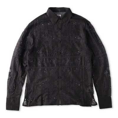 73 LONDON Herren Cut Work Broderie Langarm Hemd Knopfleiste Schwarz 42 UVP 443,9