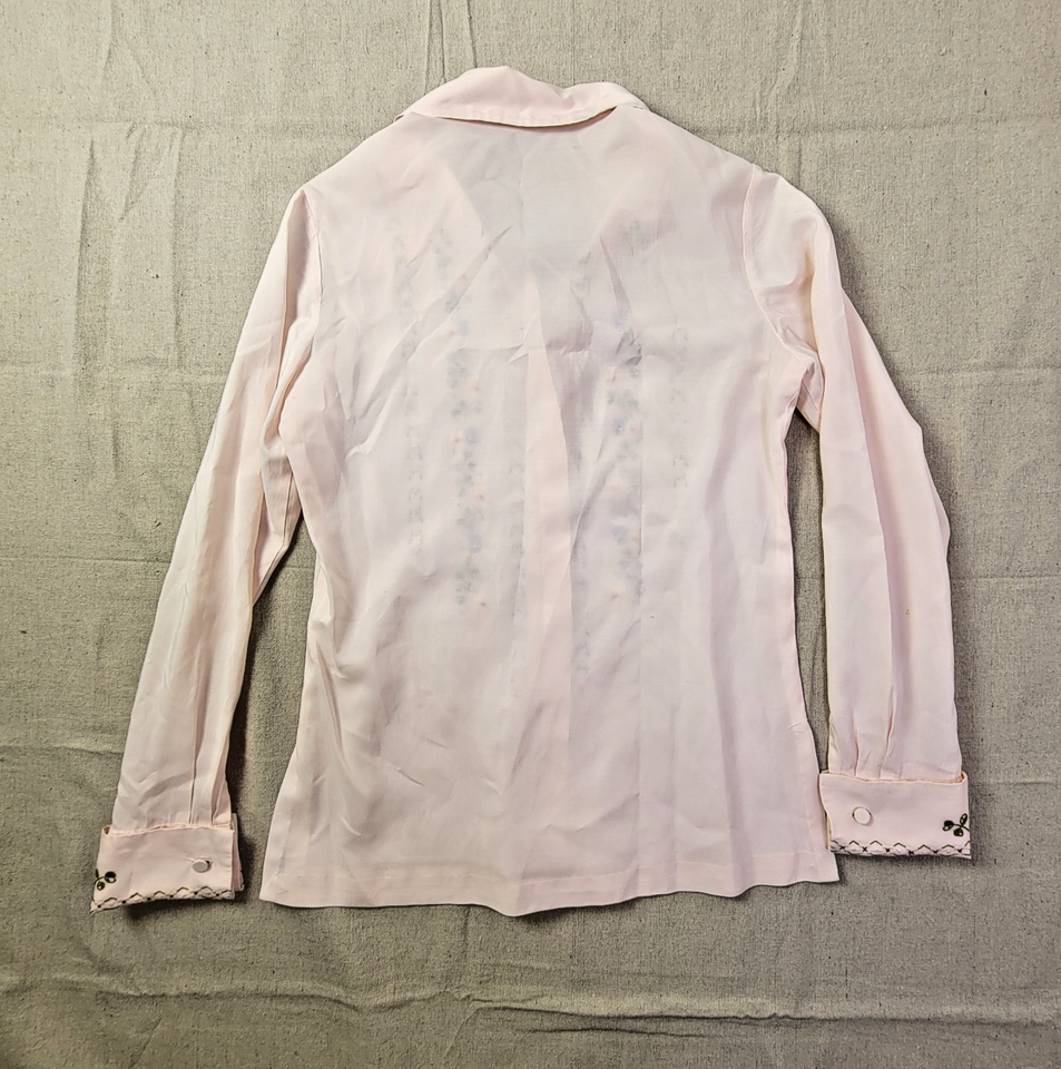 VTG 60s Peacock Blouse Women's Sz 36 Pink Silk Blend Embroidered Sheer ...