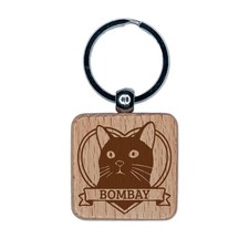 Cat Breed Bombay Heart Pet Engraved Wood Square Keychain Tag Charm