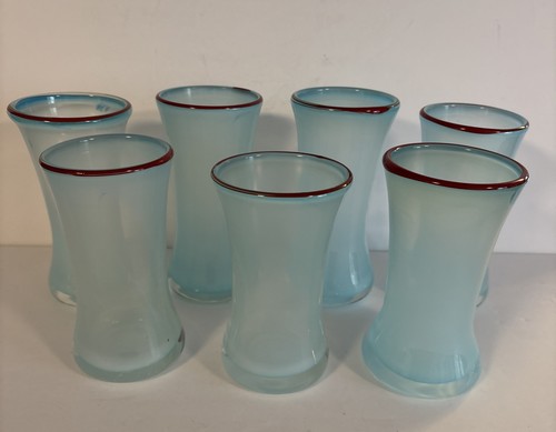 Set of 7 Tall 12 oz Hand Blown Art Glass Tumbler Blue With Red Rim Artist Signed