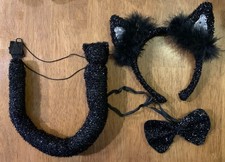 Black Cat Costume Kit, Furry Ears, Tail, and Bowtie with sequins and feathers