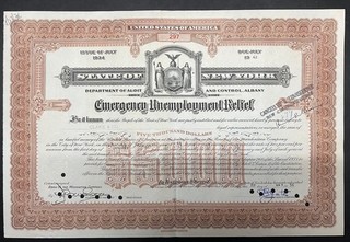 Sale062 👍 5x New York State Bond $5.000 Emergency Unemployment Relief 07/34