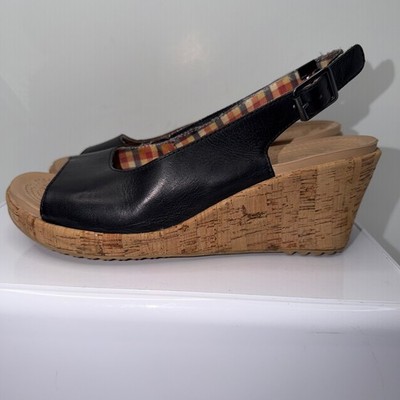 Crocs A Leigh Slingback Cork Wedge Sandals Black  Leather/Lightweight Comfort/W9